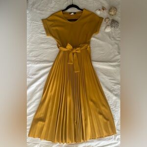 SOLD Elegant Mustard Yellow Pleated Midi Dress with Waist Tie